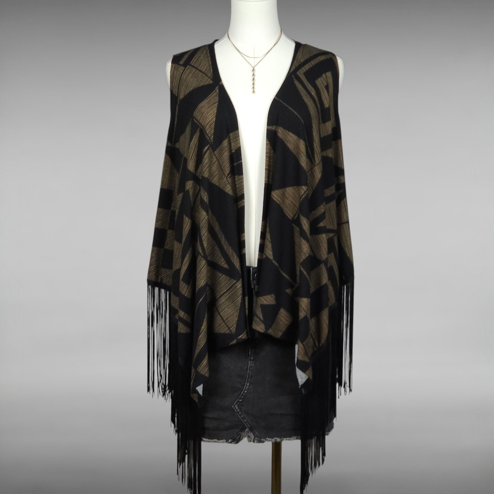 Boho Chic Festival Folk Geometric Fringe Open Front Knit Vest Black Womens PS
